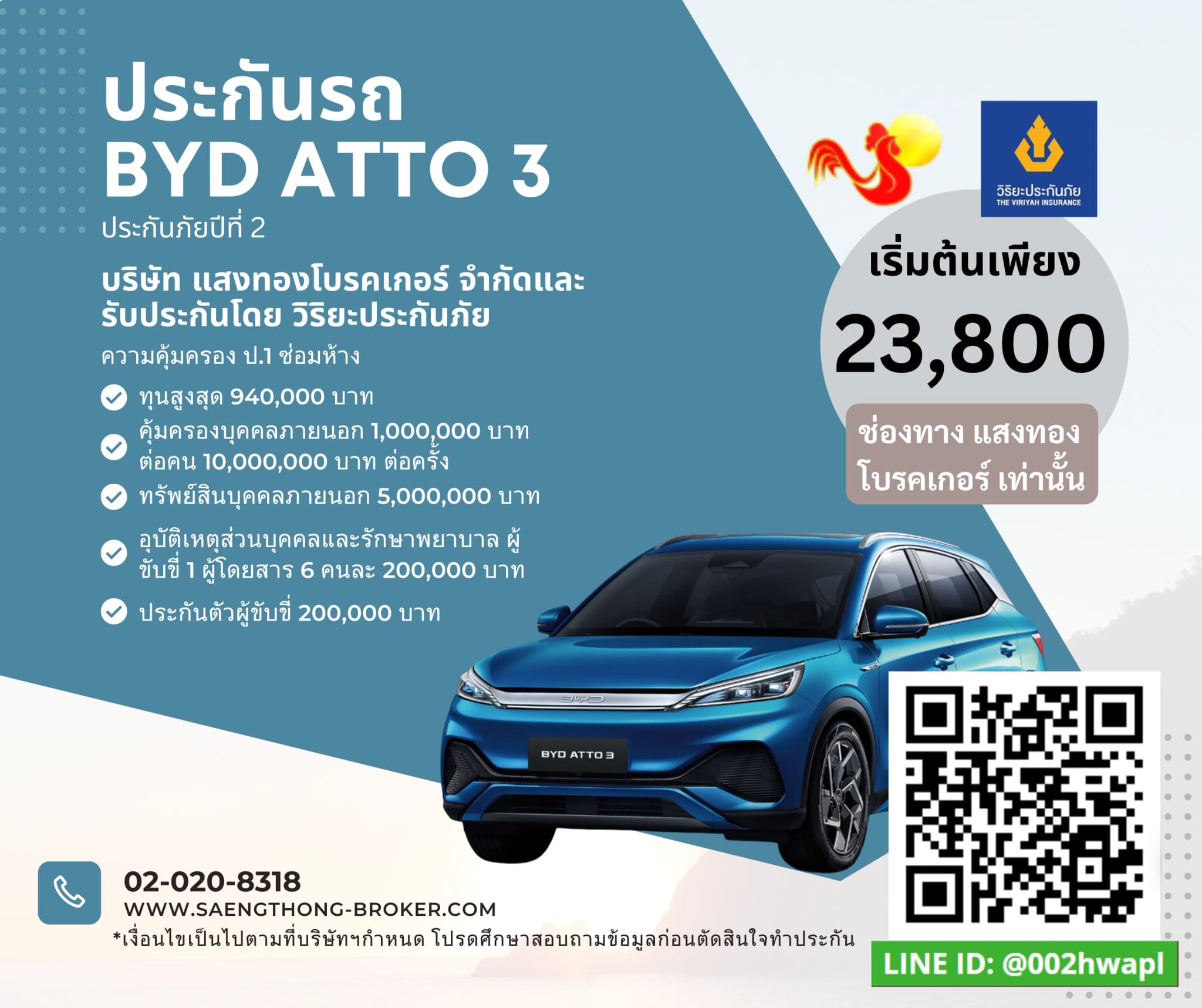 ราคาเบี้ยประกันรถ BYD ATTO 3 จาก แสงทอง โบรคเกอร์